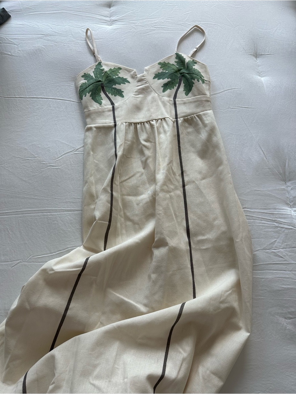 Cream Spaghetti-Strap Maxi Dress with Green Palm Detail